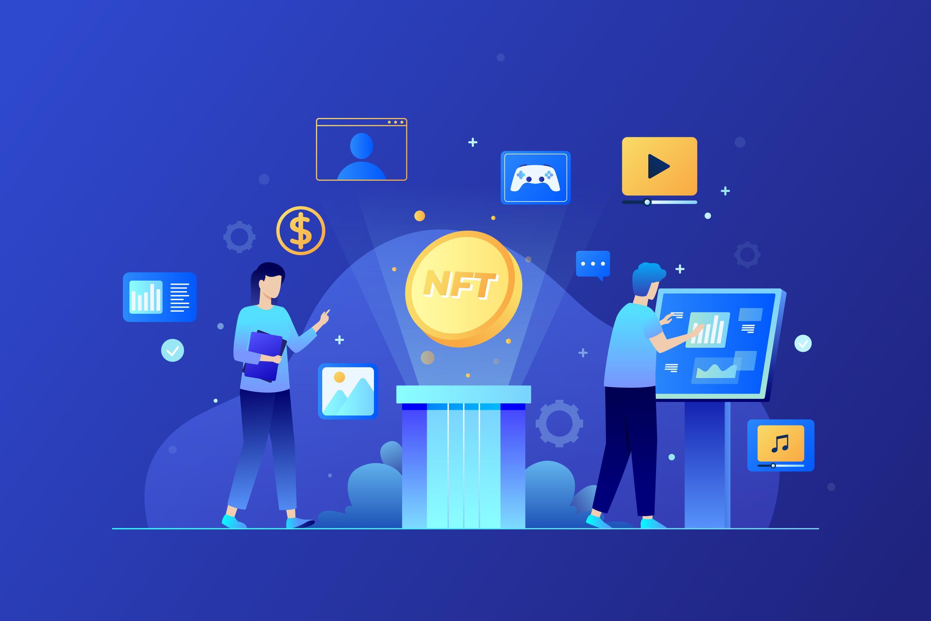 NFT, and cryptocurrency blockchain cartoon